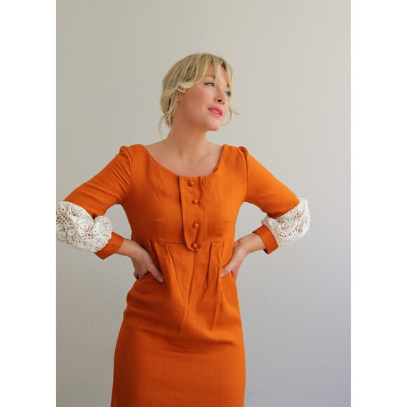 1960's Deadstock, Vintage Madison Pumpkin Dress // Women's Extra Small to Small - Picture 4 of 10